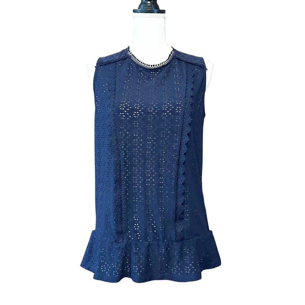 NY & Co Eyelet Lace sleeveless Elastic‎ Waist Bubble Top SZ Medium Blue NEW